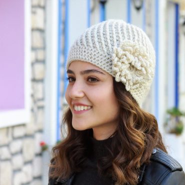Beige Crochet Beanie With Flower: Women’s Winter Hat