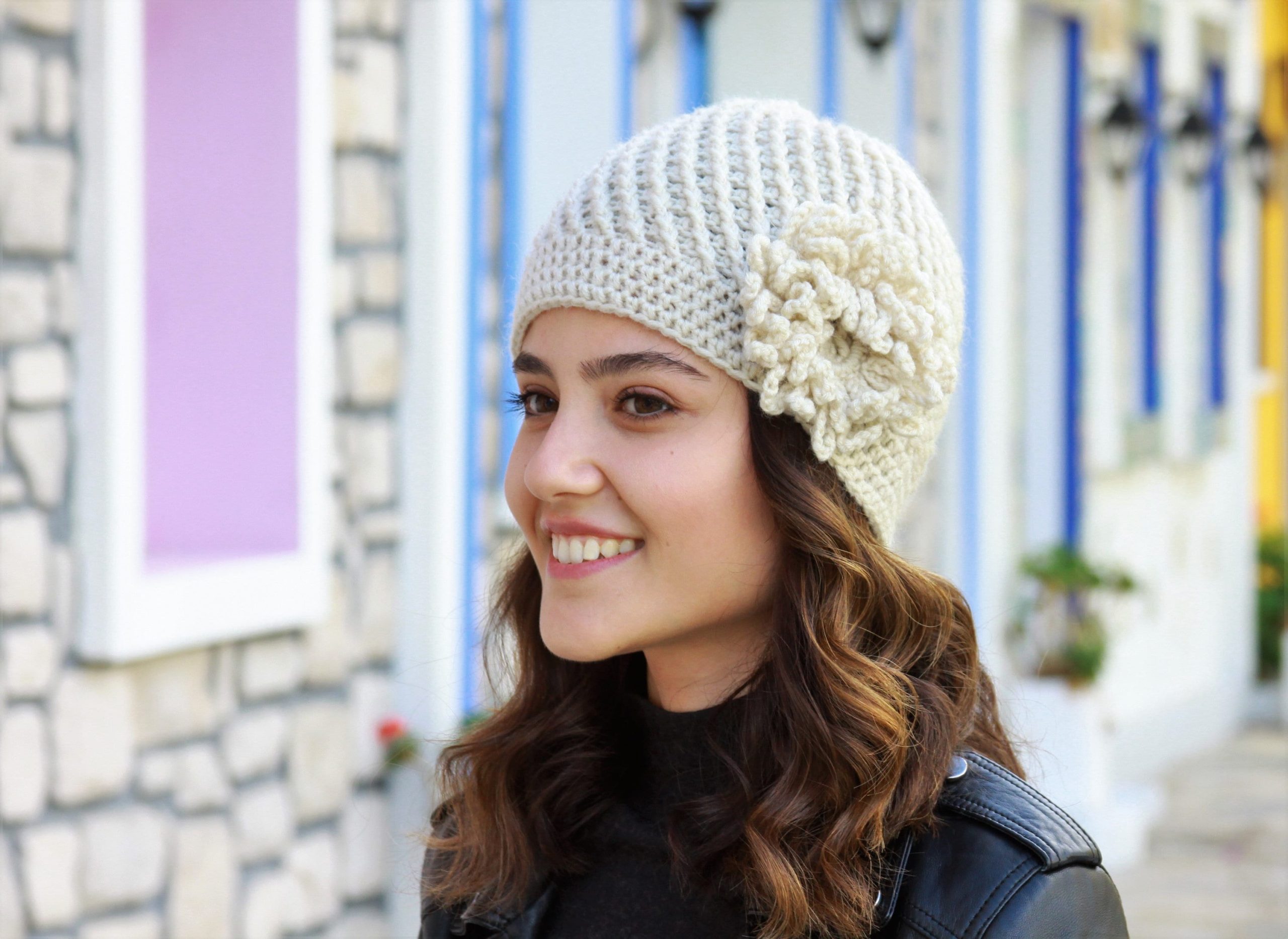 Beige Crochet Beanie With Flower: Women’s Winter Hat