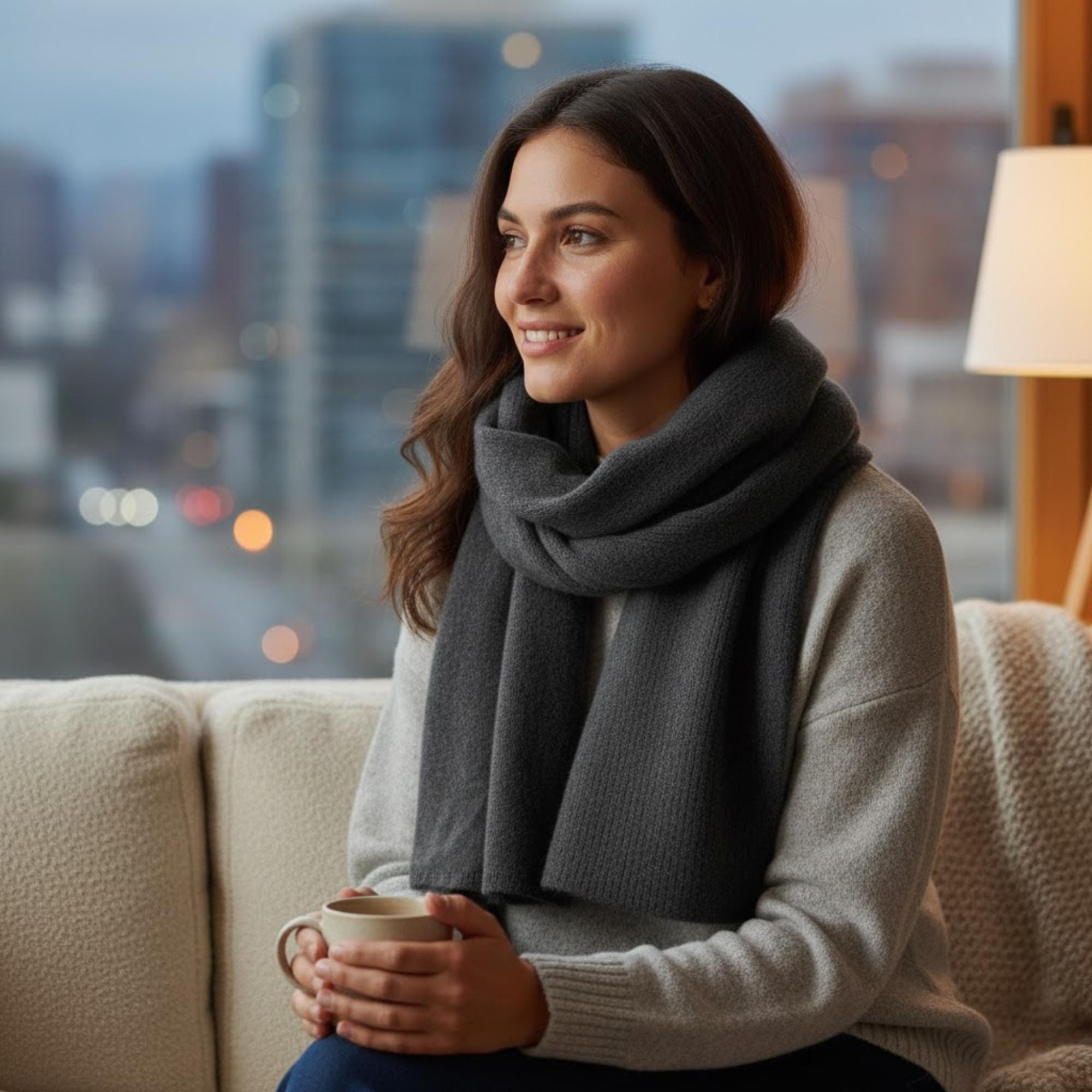 Ribbed Knit Scarf: Cashmere Wool Blend Non Itch