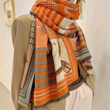 Orange Horse Print Scarf Cashmere Feel Equestrian Wrap