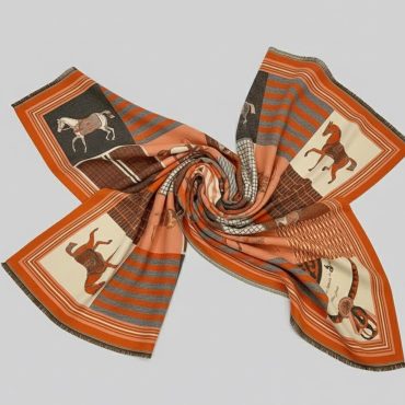 Orange Horse Print Scarf Cashmere Feel Equestrian Wrap