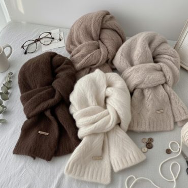 Soft Wool Cashmere Knit Scarf: Neutral Winter Ribbed